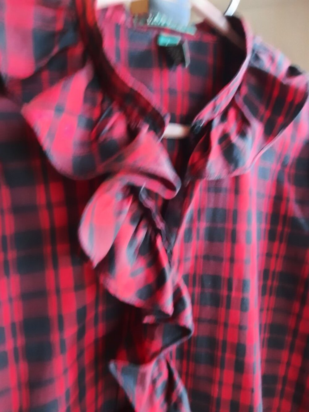 Pure cotton Ralph Lauren Red & Black Plaid Ruffle Front Blouse - Picture 4 of 6